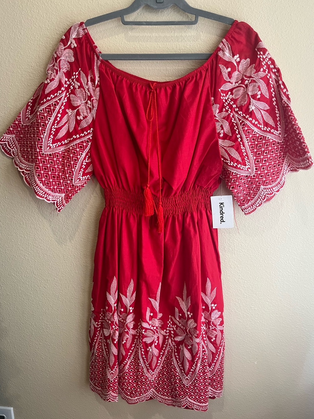 Kindred Red Embroidered Off-Shoulder Mini Dress